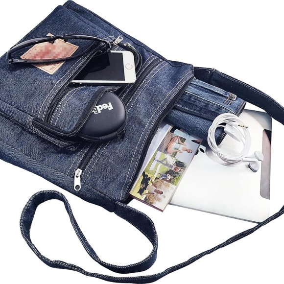 Denim Crossbody Bag Unisex Zipper Pockets Casual Travel Purse - Picture 5 of 7